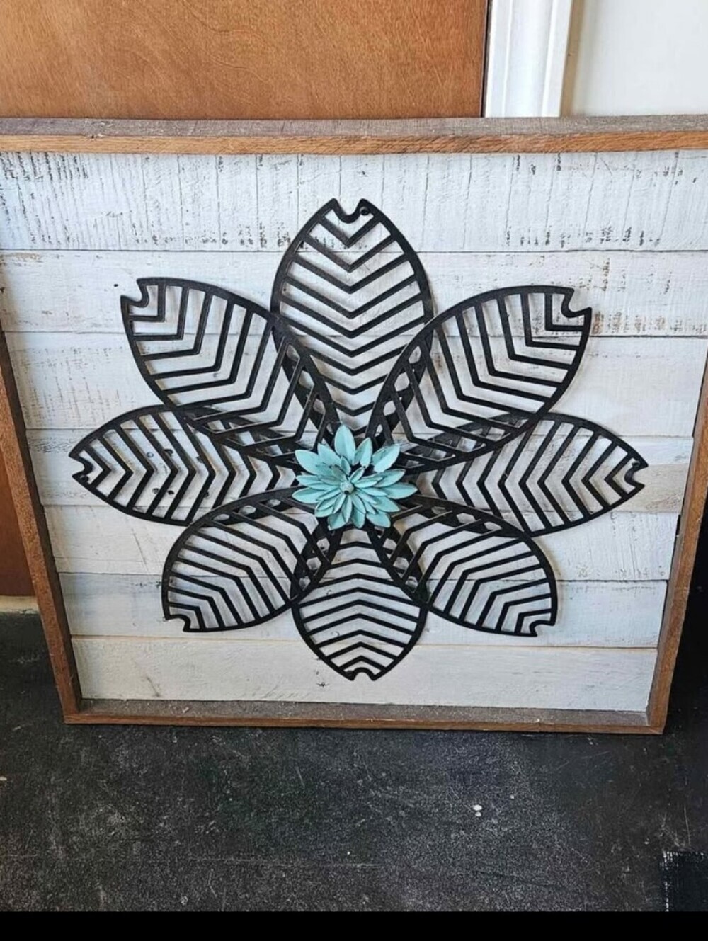 Rustic Wooden Framed Metal Flower Wall Art with Aqua Center